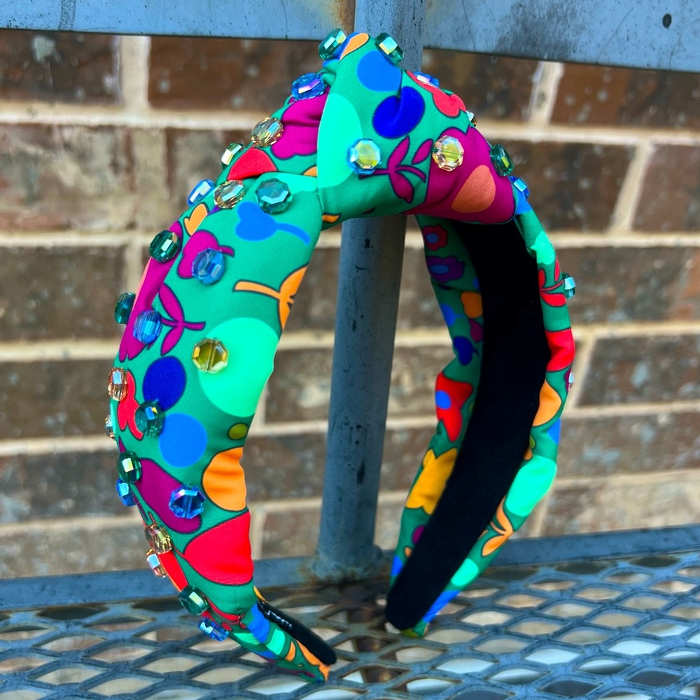 Brianna Cannon Bright Fall Floral Top Knot Headband with Flat Crystal Beads